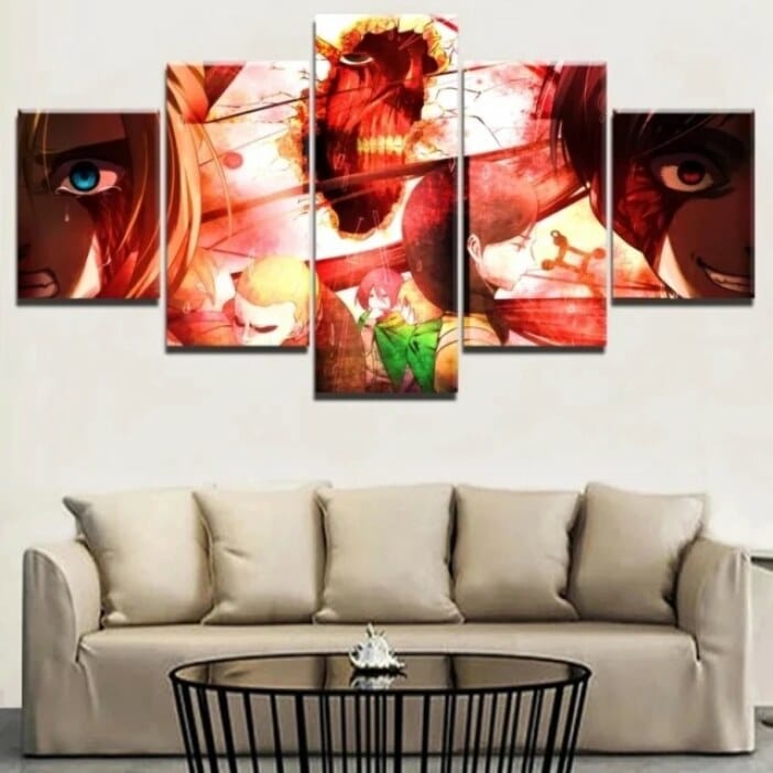 Attack of the titans målning med en djävulsk look. God kvalitet, original, hängde på en vägg ovanför en soffa i ett vardagsrum