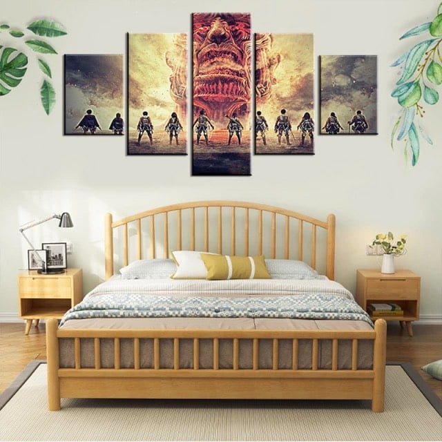 Attack of the titans målning kamp med kolossal titan. God kvalitet, original, hängde på väggen ovanför en soffa i ett vardagsrum