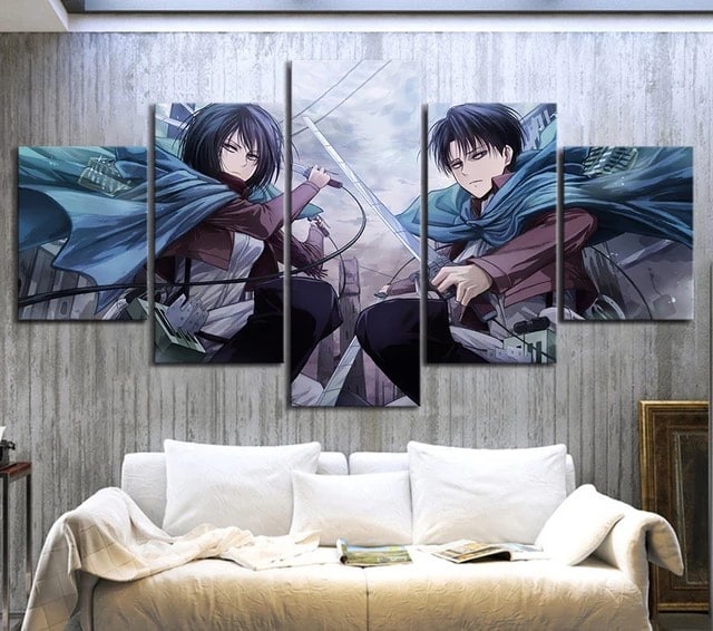 Titans attack målning av Levi Ackerman och Mikasa. Original av god kvalitet, hängde på en vägg ovanför en soffa i ett vardagsrum
