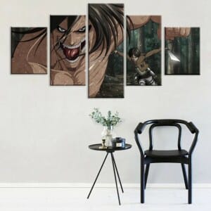 Attack of the titans målningsstil. God kvalitet, original, hängde på en vägg ovanför en stol i ett hus