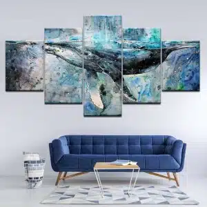 Målningsstil för valar. God kvalitet, original, hängde på en vägg ovanför en soffa i ett vardagsrum