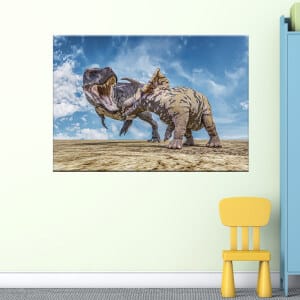 Bilden av en dinosauriekamp. Original av god kvalitet, hängde på en vägg ovanför en stol i ett hus