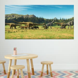 Bild dinosaurie i dalen. God kvalitet, original, hängde på en vägg ovanför ett bord och stolar i ett hus