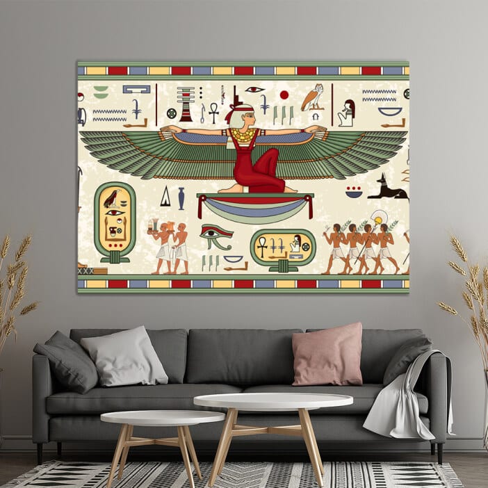 Målning av den egyptiska gudinnan Maat. God kvalitet, original, hängde på en vägg ovanför en soffa i ett hus