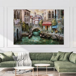Målning av venetiansk arkitektur. God kvalitet, original, hängde på en vägg ovanför en soffa och ett soffbord i ett hus