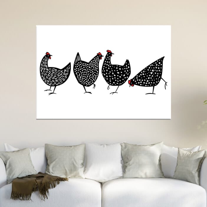 Målning teckning kycklingar pecking. God kvalitet, original, hängde på en vägg ovanför en soffa i ett vardagsrum