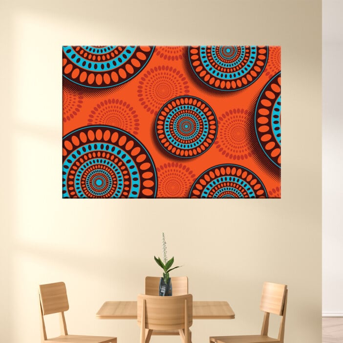 Orange och blå afrikanska motiv. Bra kvalitet, original, för att hänga på väggen ovanför ett bord i ett hus