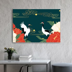 Orientalisk kinesisk målning med storkar och blommor. Original av god kvalitet, hängde på en vägg ovanför ett bord i ett vardagsrum