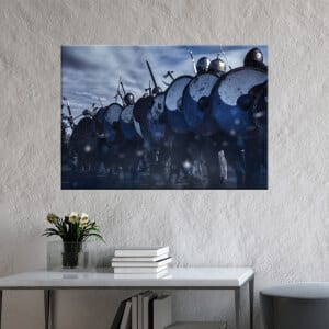 Målning av vikingar i krig. God kvalitet, original, hängde på en vägg ovanför ett bord i ett hus