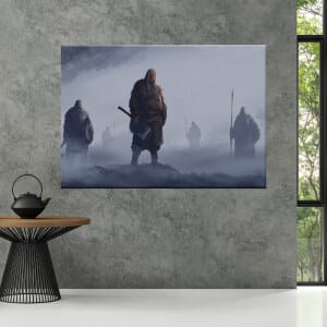 Målning av vikingar som står i dimman. God kvalitet, original, hänger på en vägg i ett vardagsrum