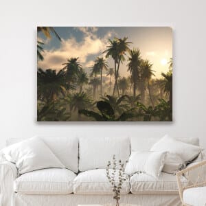 Djungelmålning med palmer och exotiska växter. God kvalitet, original, hängde på en vägg ovanför en soffa i ett hus