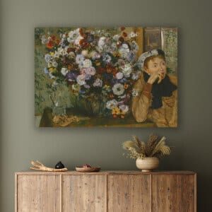Målning Kvinna som sitter bredvid en vas med blommor av Edgar Degas. God kvalitet, original, hängde på en vägg ovanför ett bord i ett hus