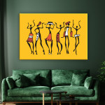 Afrikansk målning av dansande kvinnor. God kvalitet, original, hängde på en vägg ovanför en soffa i ett hus