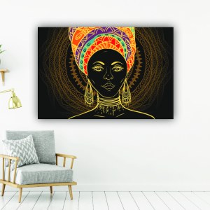 Afrikansk kvinna med gyllene linjer. God kvalitet, original, hänger på en vägg ovanför en stol i ett hus