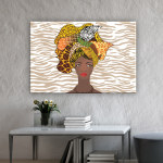 Afrikansk kvinna som målar med zebramönster. God kvalitet, original, hängde på en vägg ovanför ett bord i ett hus