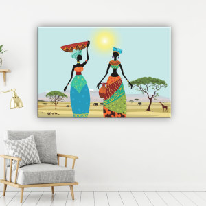 Afrikansk målning av kvinnor på savannen under solen. God kvalitet, original, hängde på en vägg ovanför en stol i ett hus