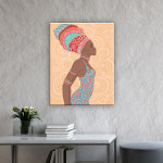 Afrikansk målning av en vacker kvinna. God kvalitet, original, hänger på en vägg ovanför ett bord i ett hus