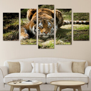 5-delad Jungle målning majestätisk tiger framför en beige soffa