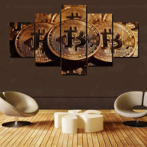 Dekorativ duk illustrerad med guld Bitcoins