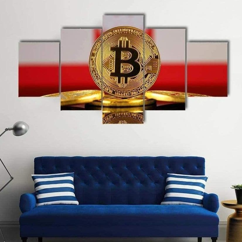 Samtida Bitcoin-målning över en blå soffa