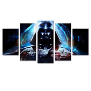 målningen består av 5 paneler och presenteras på en vit bakgrund och föreställer mörka Vador från Star Wars i en halo av blått ljus