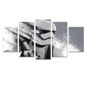 en målning i 5 delar som föreställer huvudet på en stormtrooper från Star Wars på en vit bakgrund