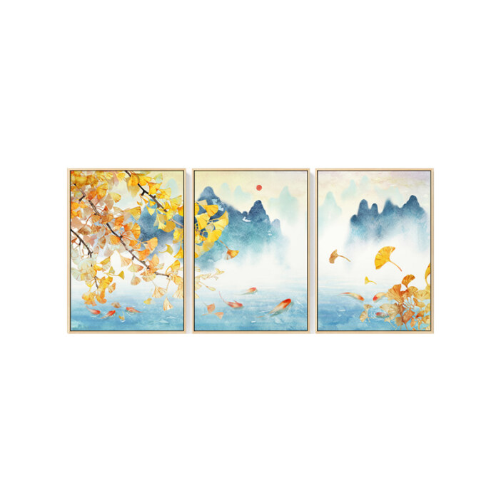 Triptyk japanskt landskap pastell på vit bakgrund