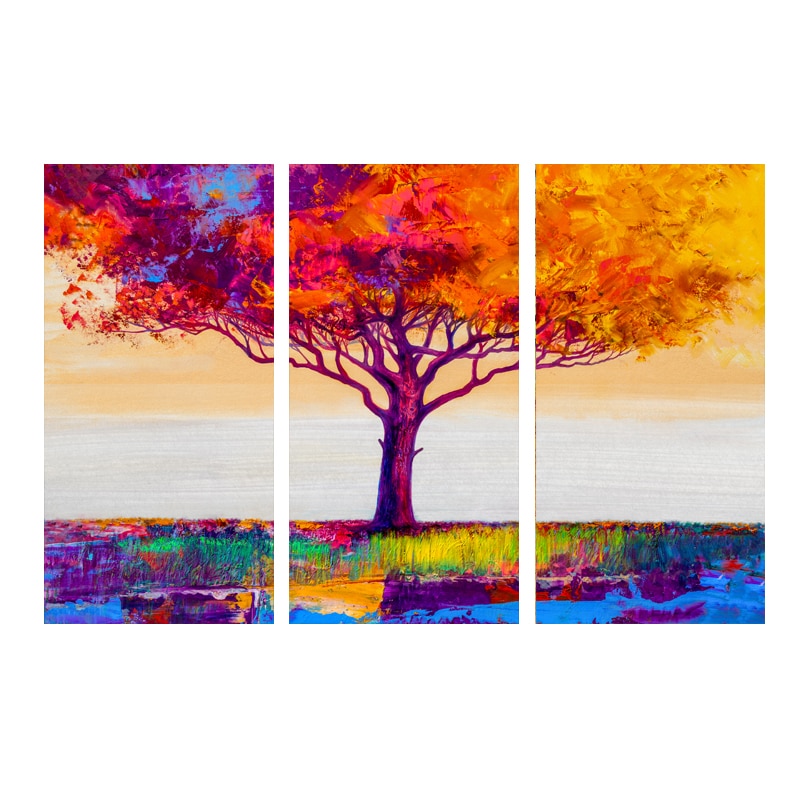 Triptyk natur med mångfärgat träd på vit bakgrund